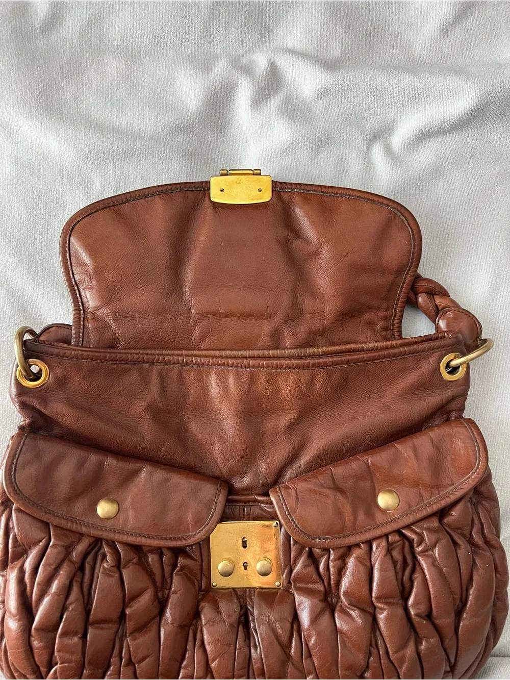Miu Miu Cognac Braided-Handle Hobo with Gold Hardware